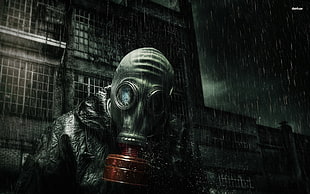 game application screengrab, gas masks, apocalyptic, artwork, rain