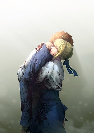 female and male anime characters hugging illustration, Fate Series, Fate/Stay Night, Shirou Emiya, Saber