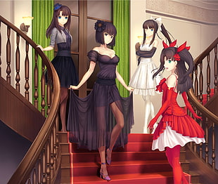 four female character wearing dresses standing on stairs digital wallpaper, Fate Series, Type-Moon, dress, Tohsaka Rin HD wallpaper