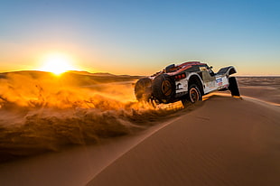 white and black car, car, rally cars, sand, desert HD wallpaper