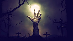 hand on grave art, night, fan art, zombies, cemetery