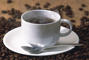 brewed coffee in cup and saucer with spoon HD wallpaper