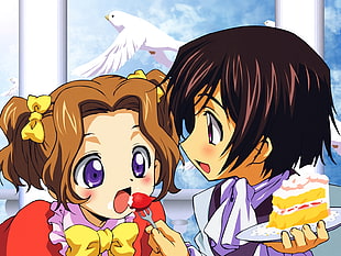 two female anime characters eating sliced cake
