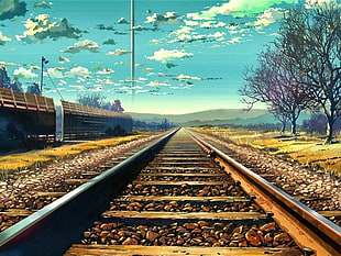white and blue floral area rug, railway, Makoto Shinkai , 5 Centimeters Per Second, anime