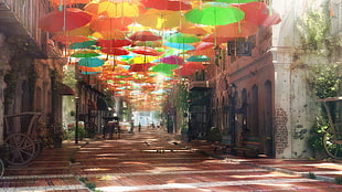 painting of street with umbrellas