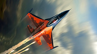 orange and black fighter jet, army, Royal Netherlands Air Force, military aircraft, aircraft