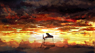 silhouette of pianist, piano, sky, stars