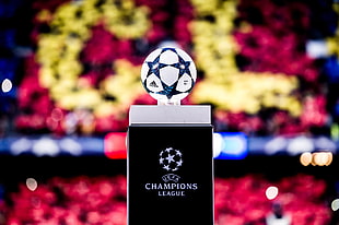 black IFFA champions league trophy, Champions League, FC Barcelona, Camp Nou, ball HD wallpaper