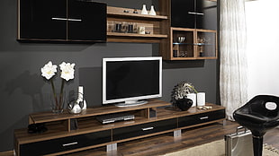 white flat screen TV with brown wooden TV hutch, indoors, living rooms, interior HD wallpaper