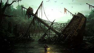 damaged brown wooden ship illustration, fantasy art