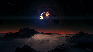photo of meteor, wormholes, planet