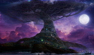 black leafed tree under full moon painting, Teldrassil, World of Warcraft, World Tree, trees