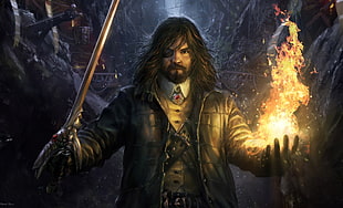 male pirate holding fire and sword digital wallpaper