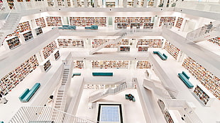 white concrete stairs, library, Stuttgart, modern HD wallpaper