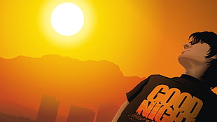 man wearing black shirt with good night print animated illustration under sunset\