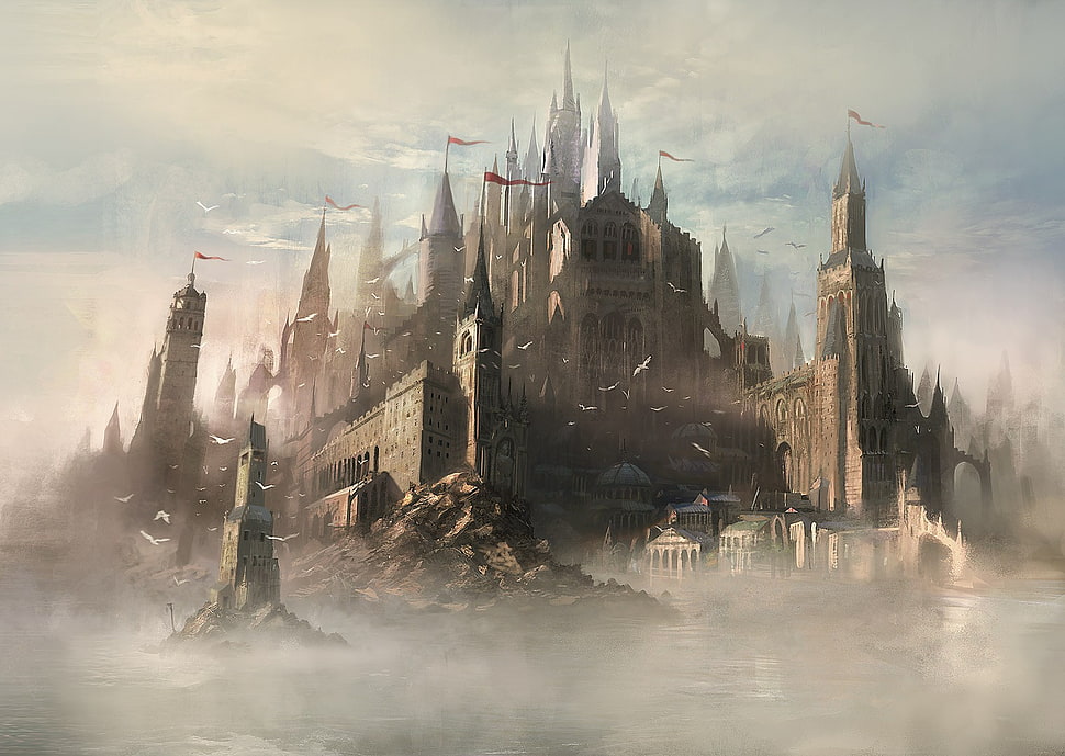 brown and white building painting, castle, fantasy art, artwork HD wallpaper