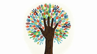assorted-color hand leaf tree illustration, digital art, minimalism, trees, hands