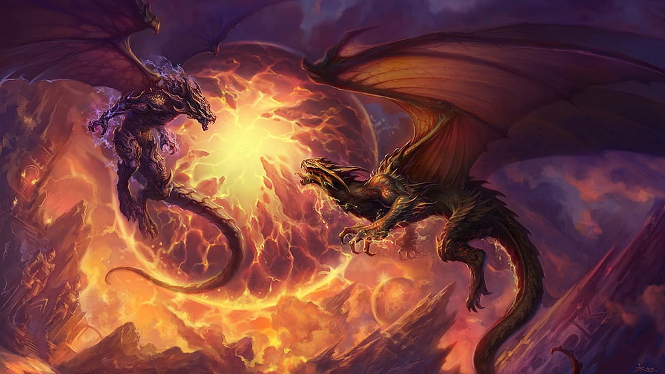 two dragon illustration, dragon, fantasy art HD wallpaper