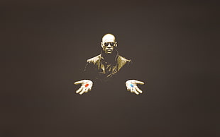 male action character holding red and blue pill each of his hand photo