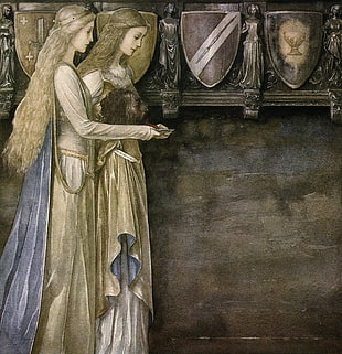 two female wearing long-sleeved dresses illustration, painting, medieval, Alan Lee, shield