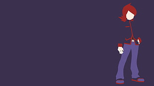 red haired person wearing black long-sleeved top and purple pants illustration, Pokémon, silver, Red (character)