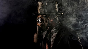 men's black notched lapel blazer, smoke, men, gas masks, suits