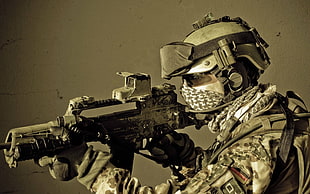 man holding rifle illustration HD wallpaper