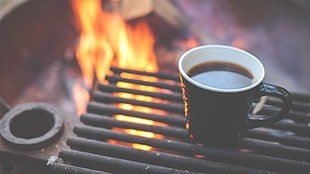 black ceramic mug, campfire, mugs, coffee, camping