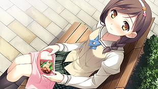 girl anime character holding pink lunchbox sitting on bench