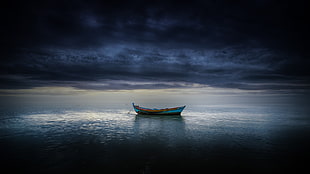 blue and white wooden boat, sea