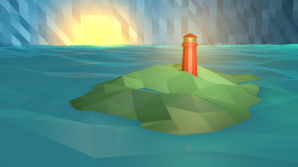 red lighthouse illustration, low poly, digital art HD wallpaper