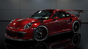 red Porsche Carrera coupe, car, Porsche GT3 , reflection