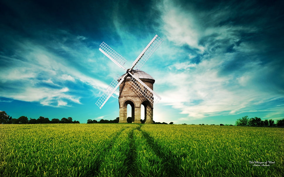 beige and white windmill, landscape, architecture, nature, windmill HD wallpaper