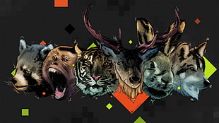 assorted animal head digital wallpaper, Desktopography, tiger, rabbits, monkey
