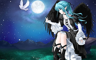 fairy female anime character in black dress with blue hair digital wallpapper