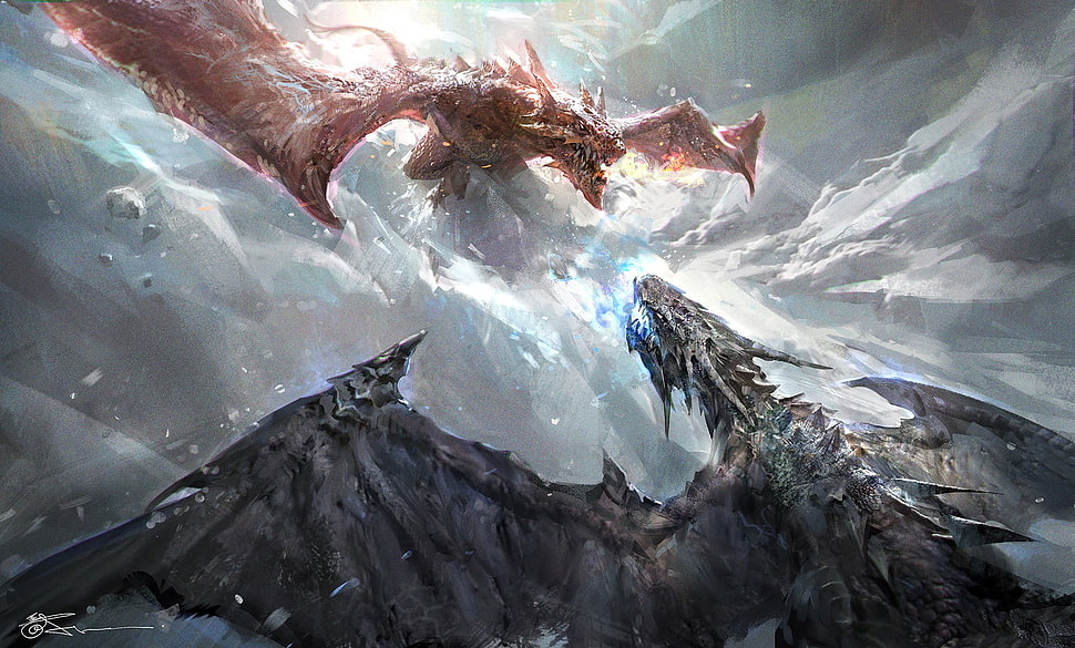two brown and gray dragons illustration, fantasy art, dragon HD wallpaper