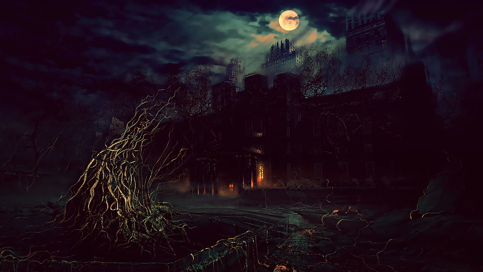 ghost castle wallpaper, Terror, night, fantasy art, Photoshop HD wallpaper