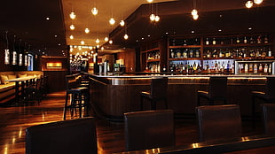 black and brown wooden table, indoors, bar