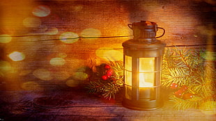 black lantern, lights, fire, Christmas