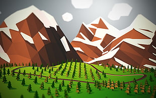 brown snow capped mountains and green field landscape illustration, low poly, trees, mountains, landscape