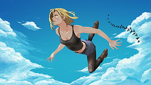 flying woman wearing black tank top and blue shorts during daytime anime illustration