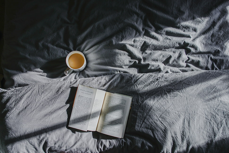 book page, Book, Coffee, Bed HD wallpaper
