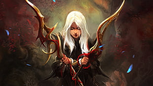 white hair character with holding swords wallpaper