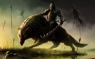 monster riding werewolf wallpaper, fantasy art, warrior, war, Battlefield