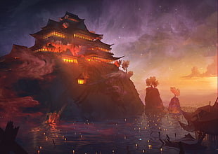 temple above body of water with candles digital wallpaper, fantasy art, stars, sea, sunset