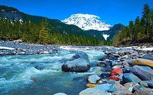 flowing river and white mountain, nature, landscape, river, stones