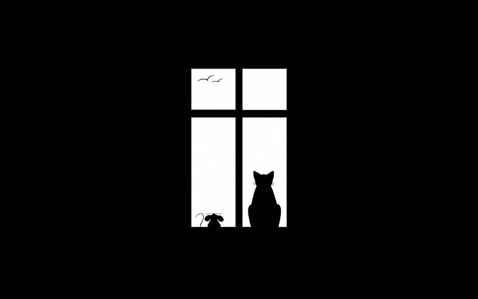 silhouette photo of cat beside mouse on window HD wallpaper