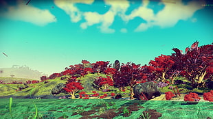 body of water near red leafed trees, No Man's Sky, video games, spaceship, planet