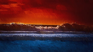 ocean wave painting, artwork, red, sky, waves