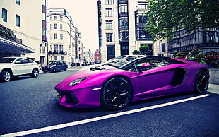 purple sports coupe, Lamborghini, car, purple cars, city HD wallpaper